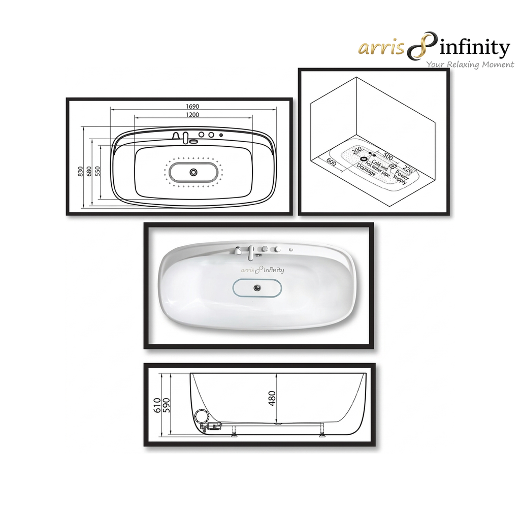 ARRIS INFINITY Neves 1690mm One Piece Rectangular Stand Alone Bath Tub | White
