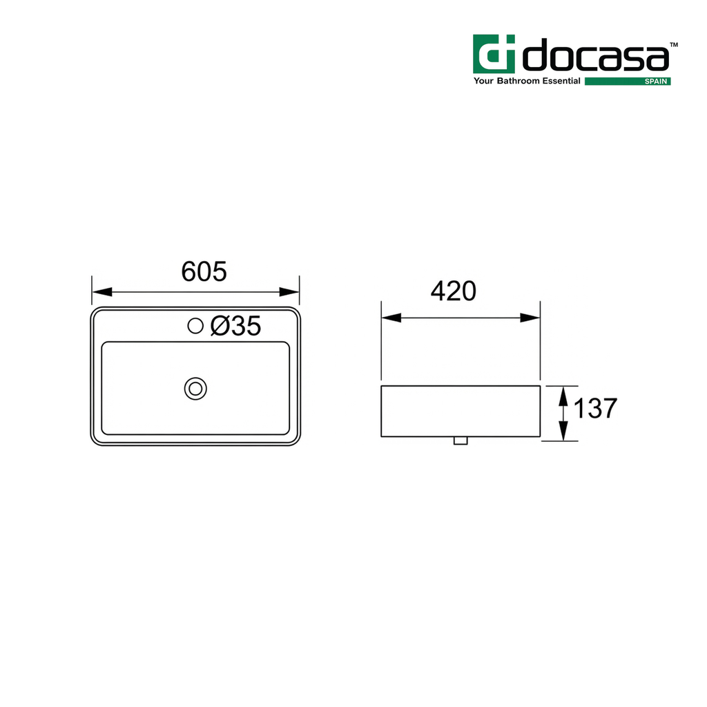 Docasa K404 605mm Ceramic Counter Top Wall Hung Basin | White Modern Wash Sink for Bathroom & Toilet