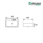 Docasa K404 605mm Ceramic Counter Top Wall Hung Basin | White Modern Wash Sink for Bathroom & Toilet
