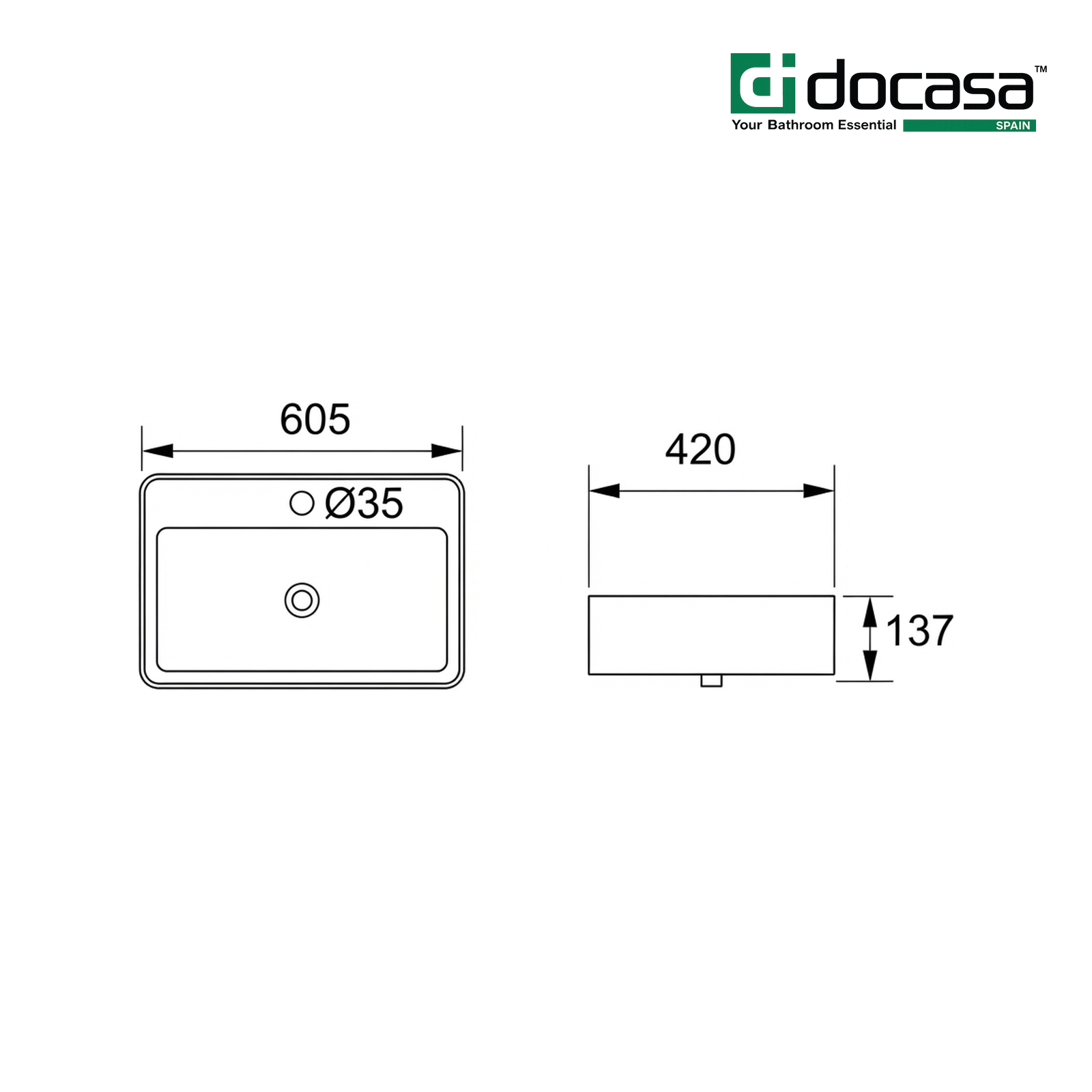Docasa K404 605mm Ceramic Counter Top Wall Hung Basin | White Modern Wash Sink for Bathroom & Toilet