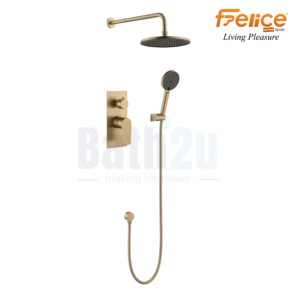 Felice CS6 200mm Rain Shower Head Matte Gold Concealed Shower Set