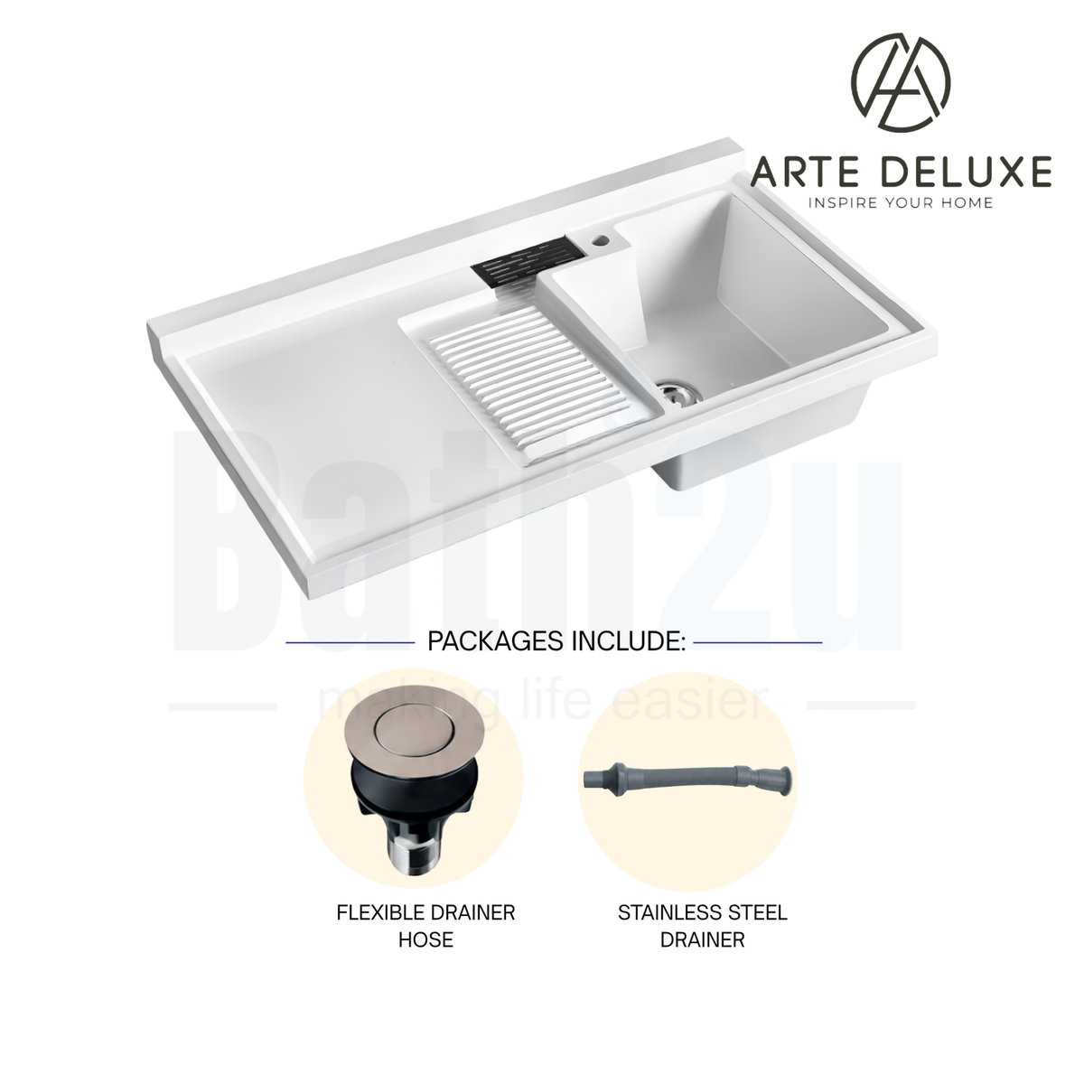 Arte Deluxe QS12065WR 1200x650mm Right-Orientation Integrated Laundry Sink | White Quartz Stone