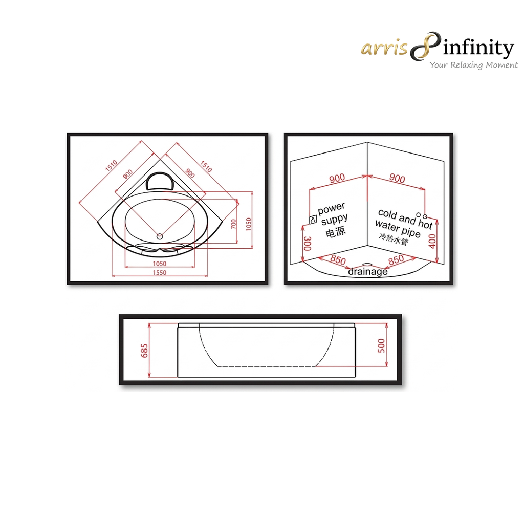 ARRIS INFINITY Lucio 1510mm Triangular Massage Bathtub Luxury Jacuzzi | White