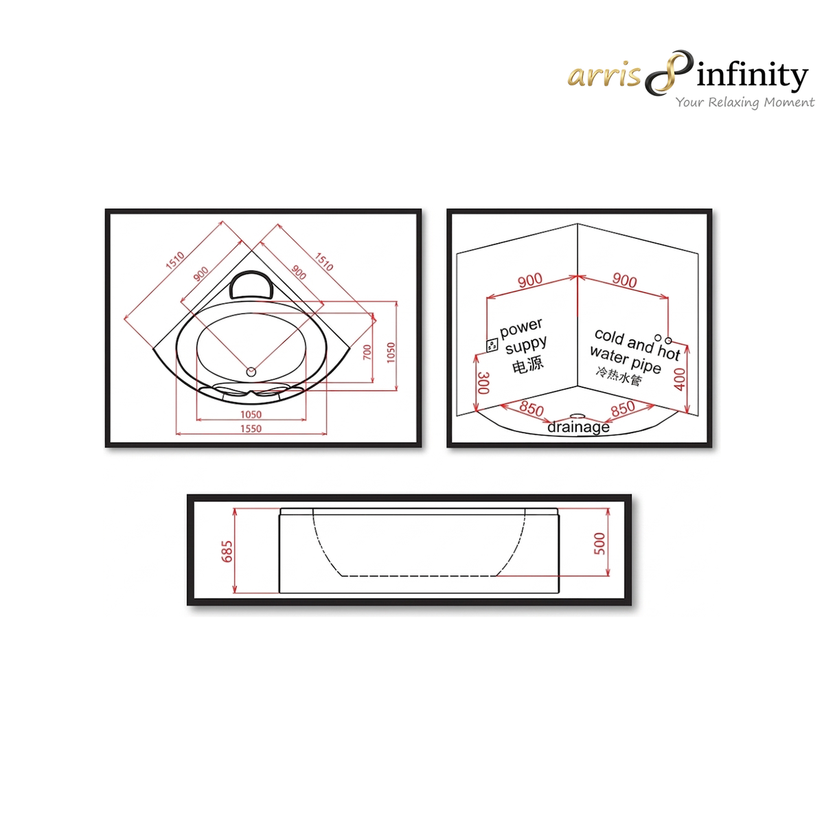 ARRIS INFINITY Lucio 1510mm Triangular Massage Bathtub Luxury Jacuzzi | White