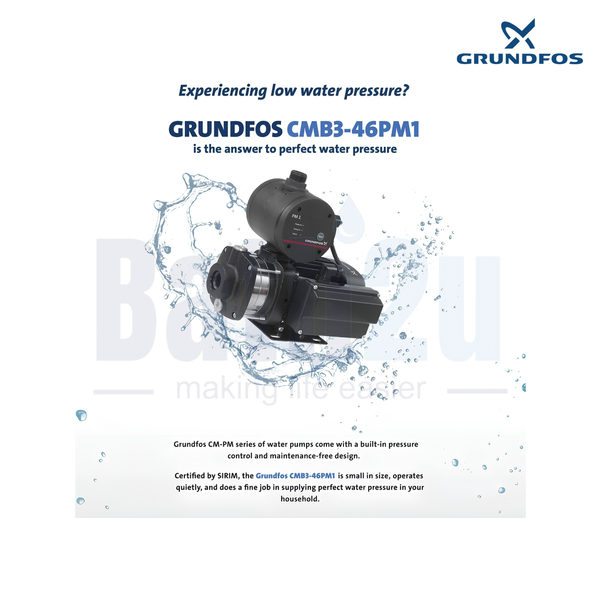 Grundfos CMB3-46PM1 3100L/h 0.67hp Automatic Home Pressure Booster Water Pump | PM1 Pressure Manager
