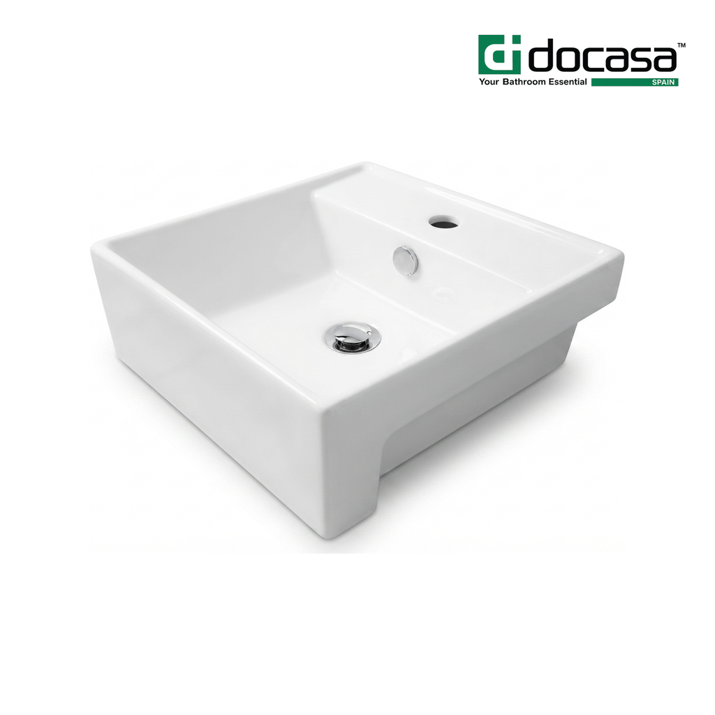 Docasa 410SR 410mm Ceramic Semi Recessed Basin | White Modern Wash Sink for Bathroom & Toilet