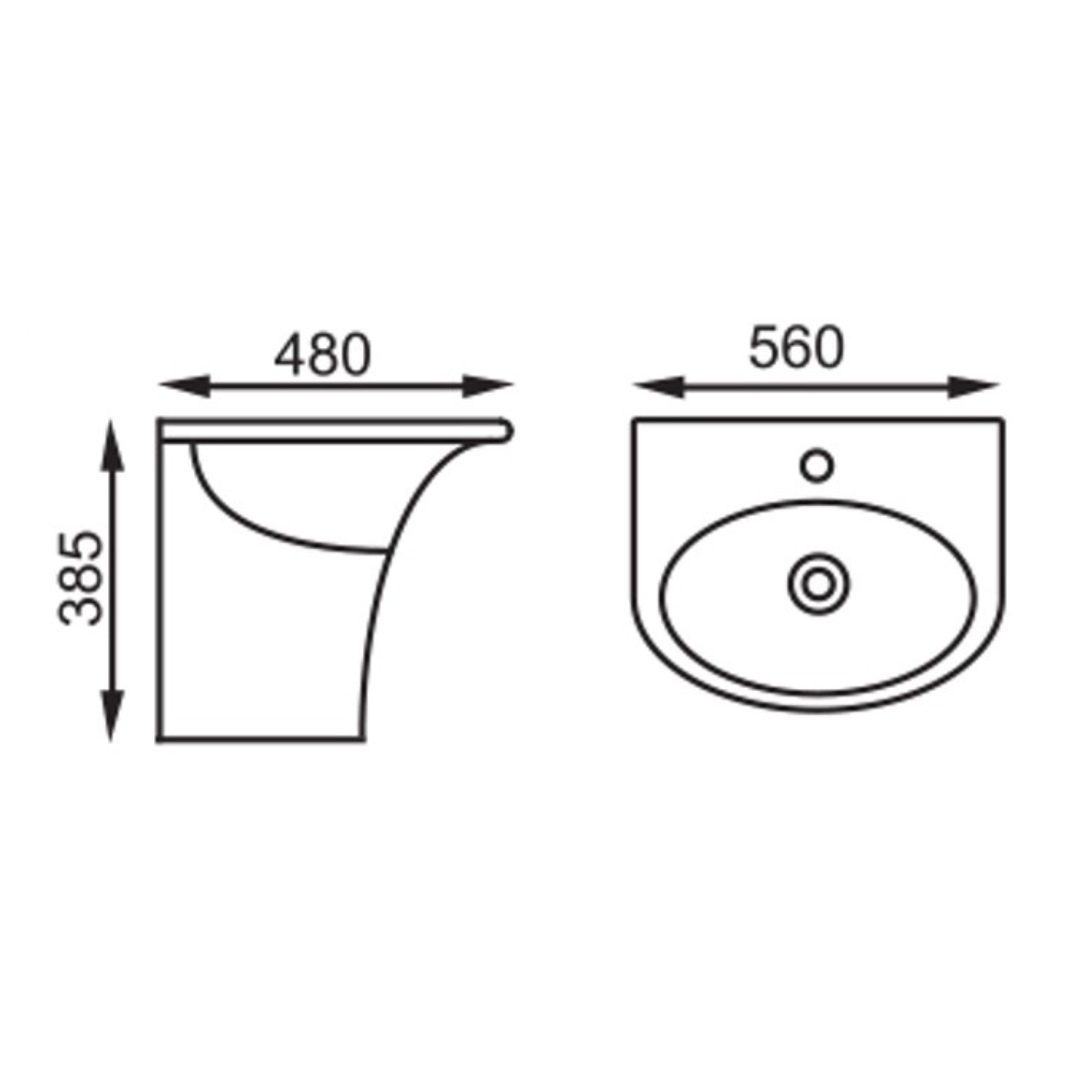 DOCASA 560mm Wall Hung Basin single Pre-punched Tap Hole c/w Overflow