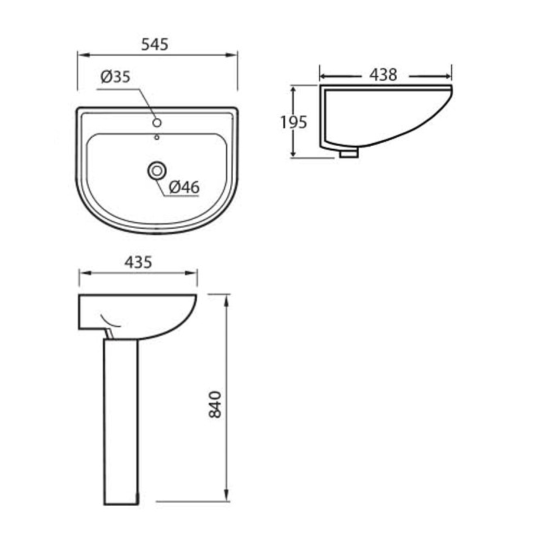 DOCASA 840mm Pedestal Basin single Pre-punched Tap Hole c/w Overflow