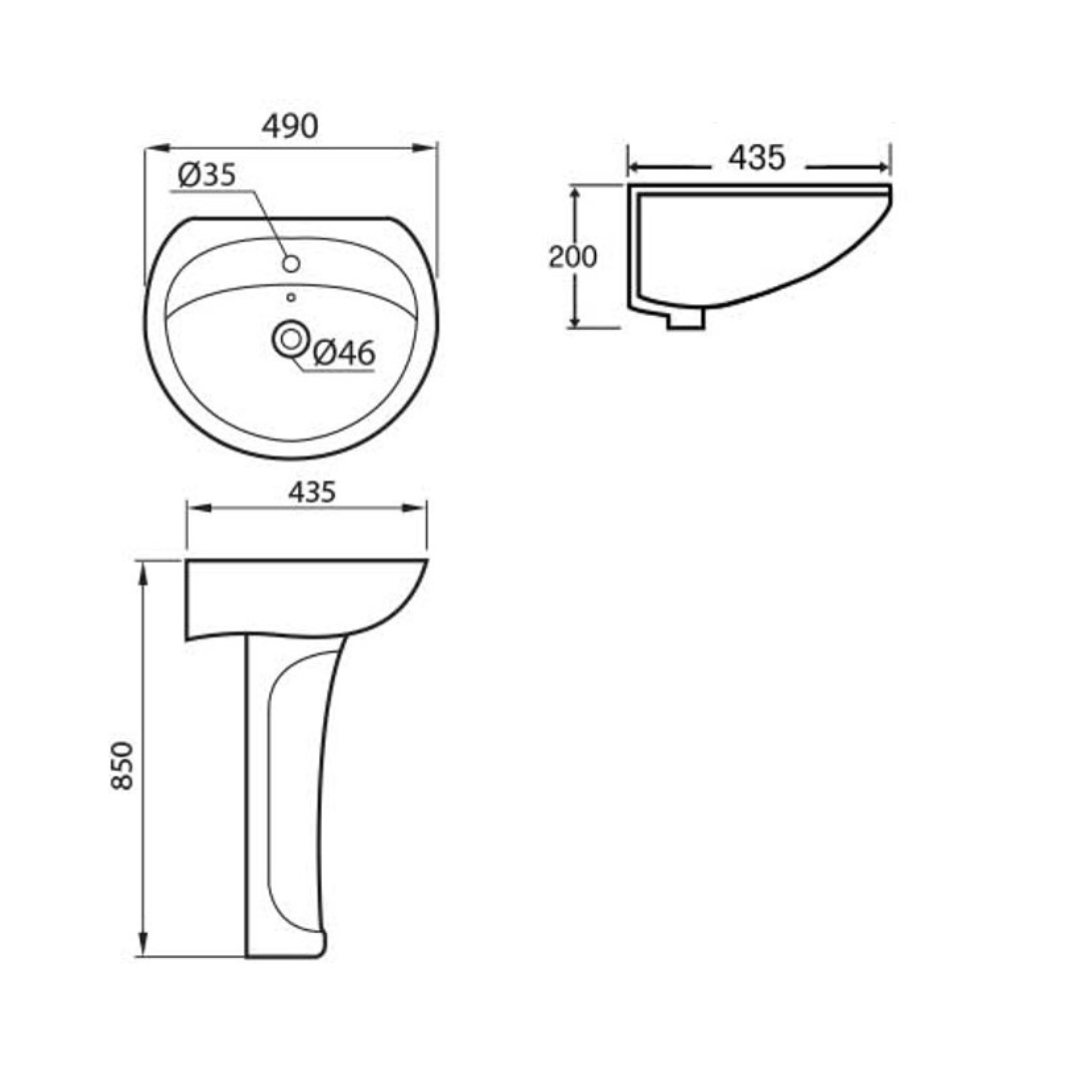 DOCASA 850mm Pedestal Basin single Pre-punched Tap Hole c/w Overflow