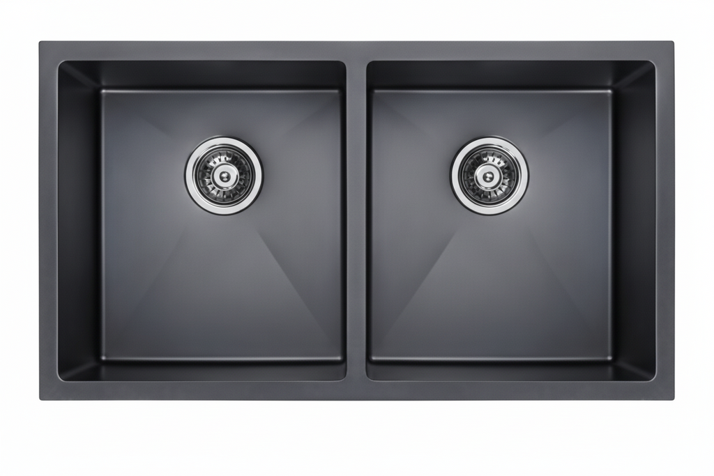 NOVA 890mm Matt Black Undermount Kitchen Sink - Double Bowl
