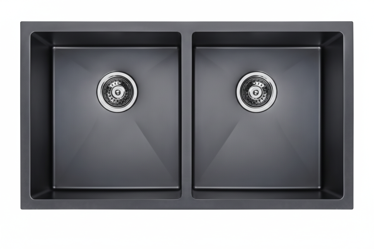 NOVA 890mm Matt Black Undermount Kitchen Sink - Double Bowl