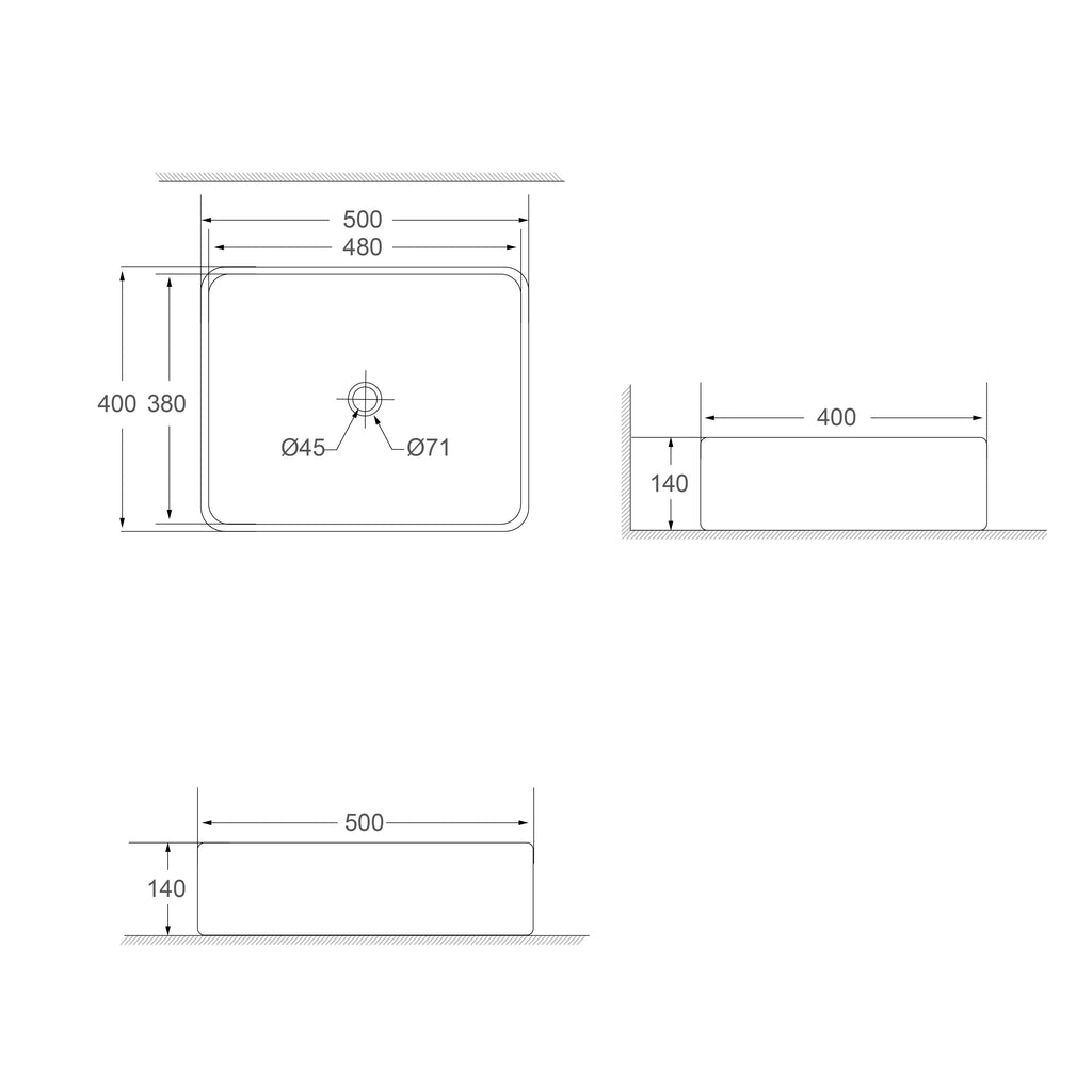 SORENTO 500mm Matte Black Square Counter Mounting Wash Basin come with single pre-punched tap hole