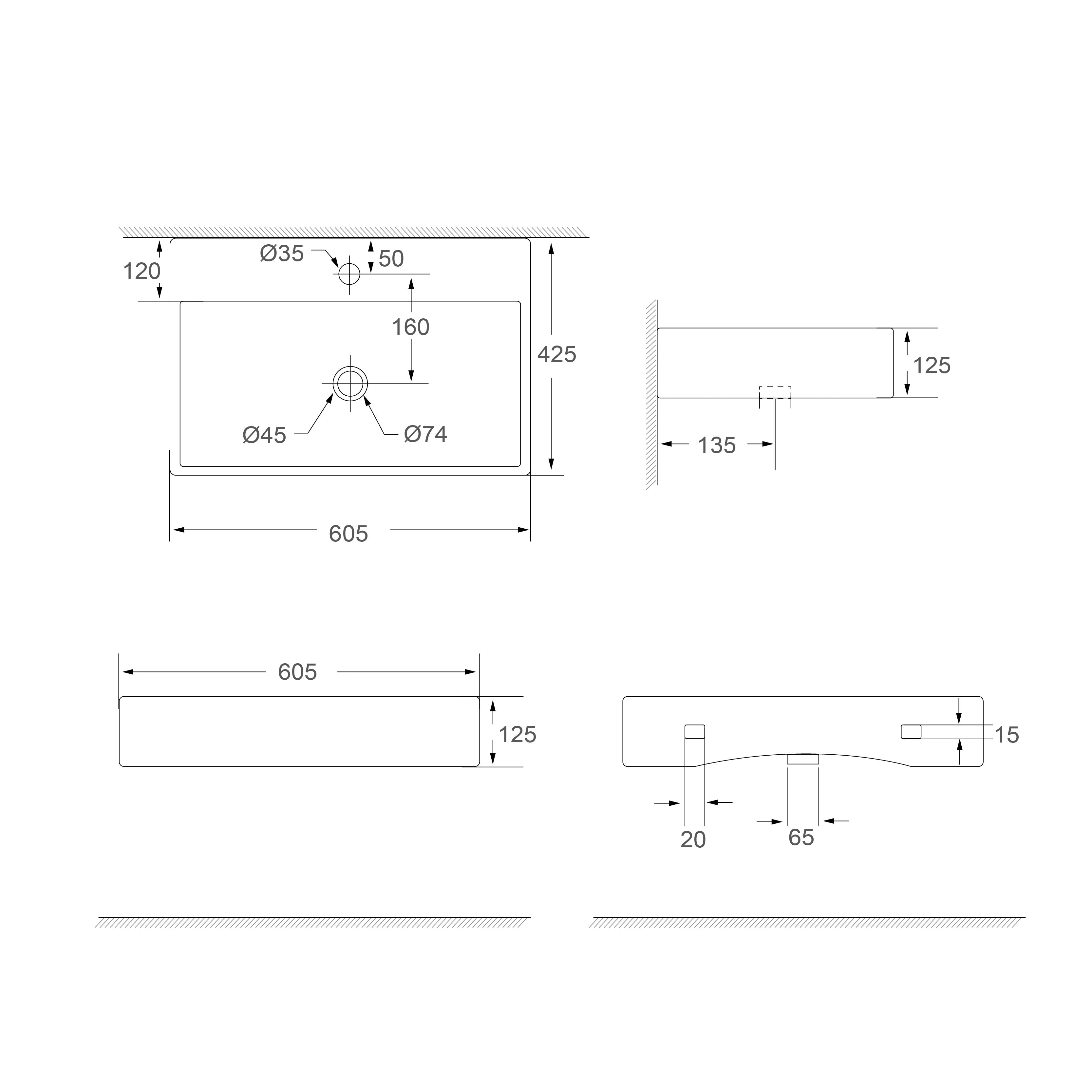 SORENTO 620mm Rectangular Matte Black Counter Mounting Wash Basin come with single pre-punched tap hole