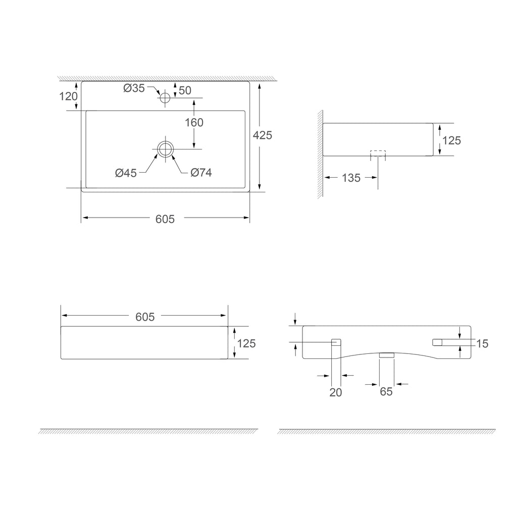 SORENTO 620mm Rectangular Gold Counter Mounting Wash Basin come with single pre-punched tap hole
