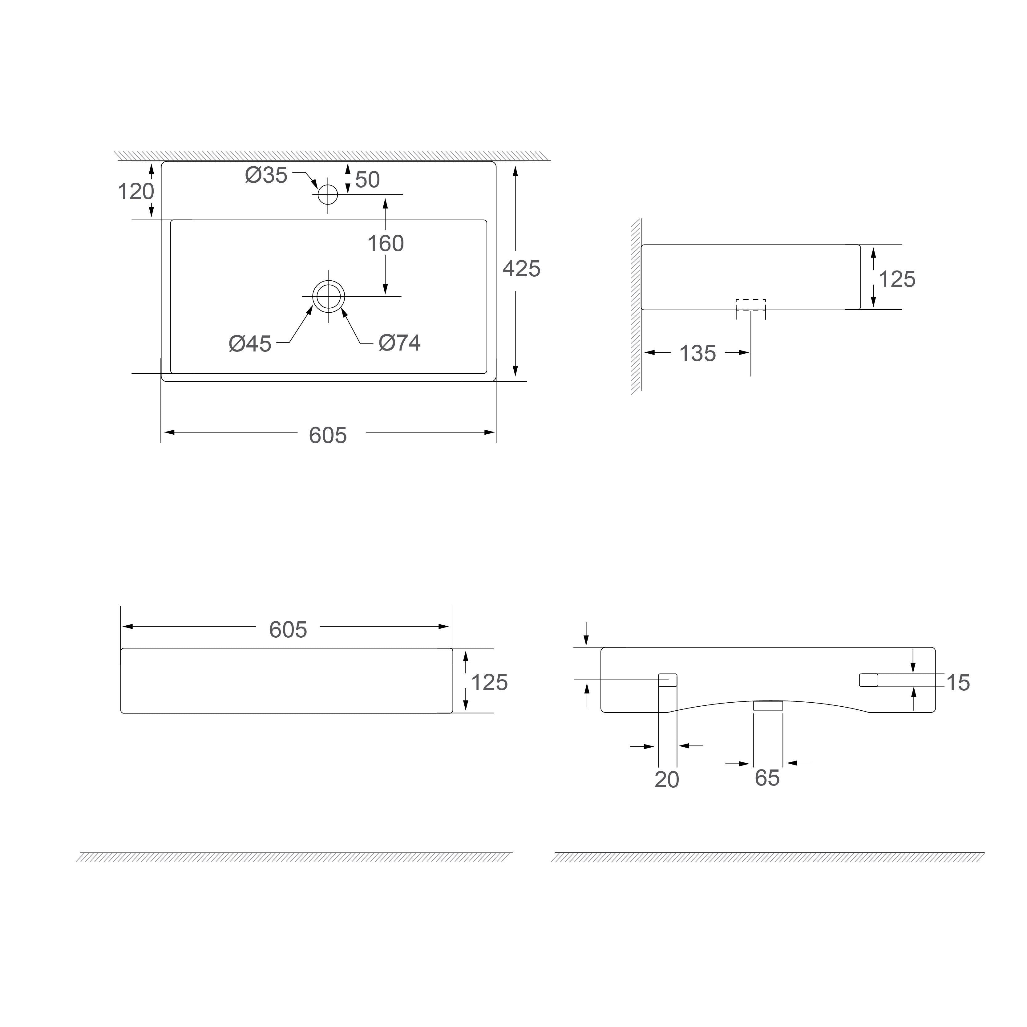 SORENTO 620mm Rectangular Matte Black White Counter Mounting Wash Basin come with single pre-punched tap hole