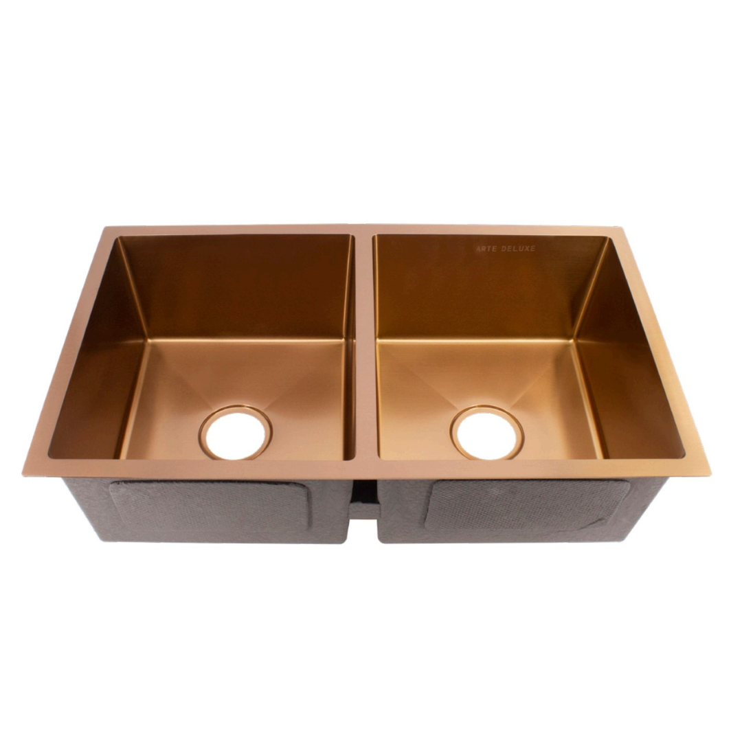 ARTE 800mm Stainless Steel Rose Gold Nano Handmade Sink - Double Bowl